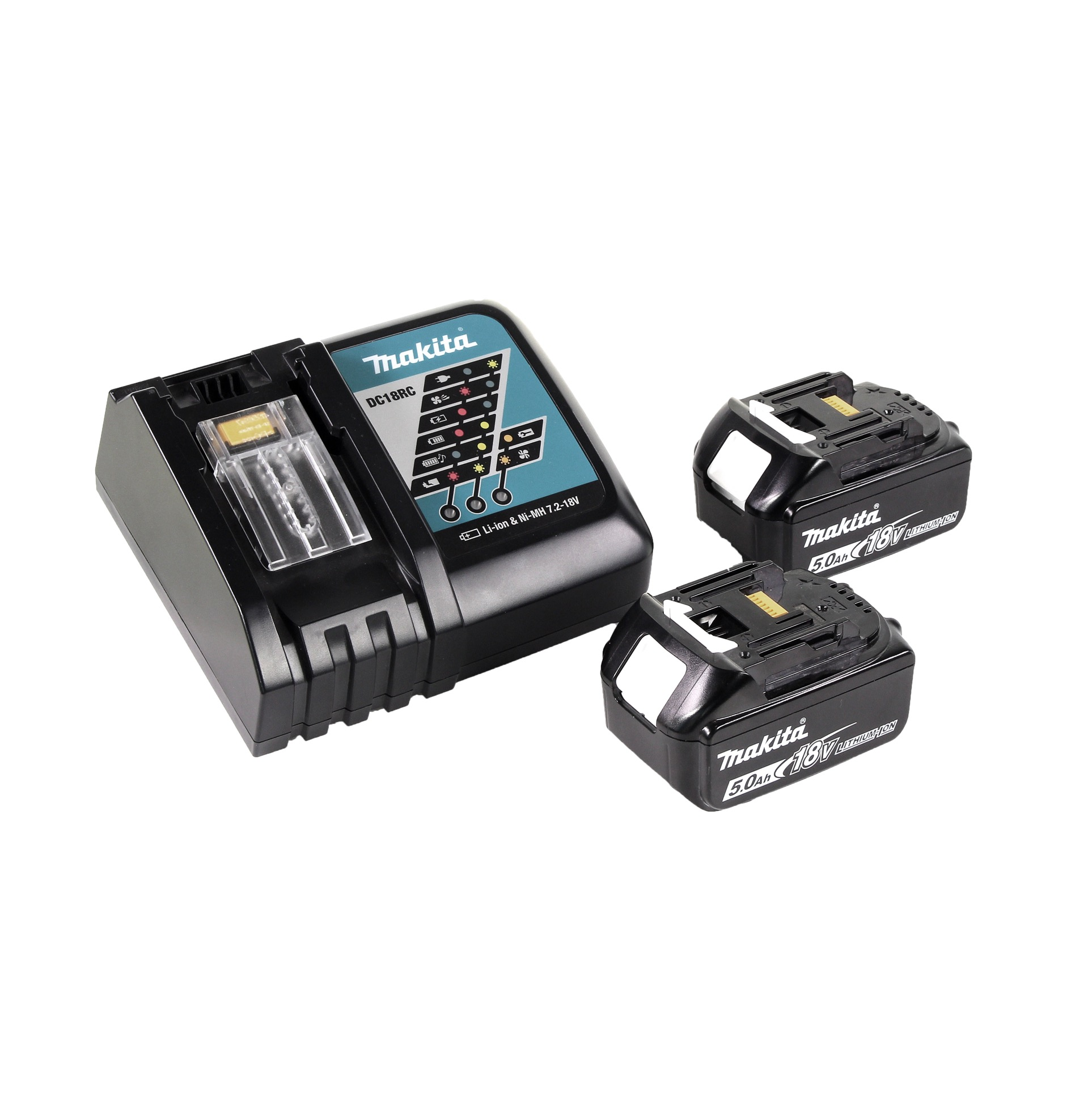 Makita-Batterieladegerät und zwei Akkus. Schwarzes Ladegerät mit Display, Akkus sind schwarz mit weißen Etiketten.