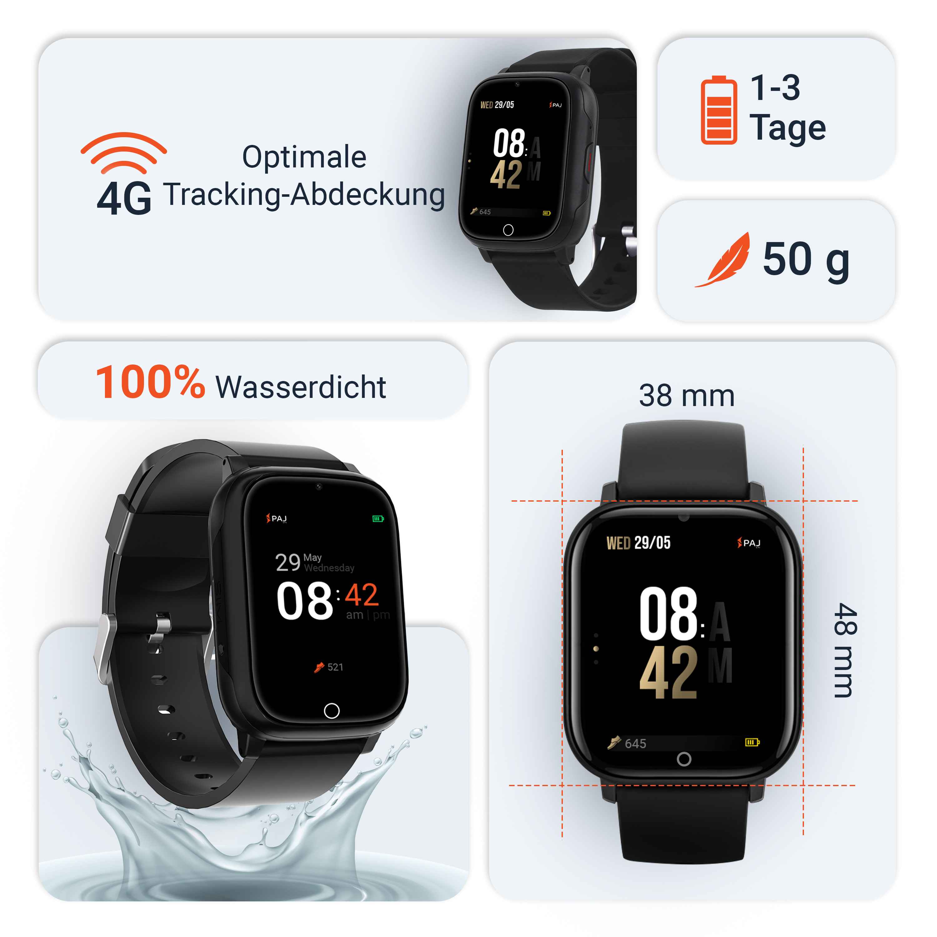 Smartwatch nero con cinturino nero. Display digitale con ora e data. Include 4G e impermeabile.