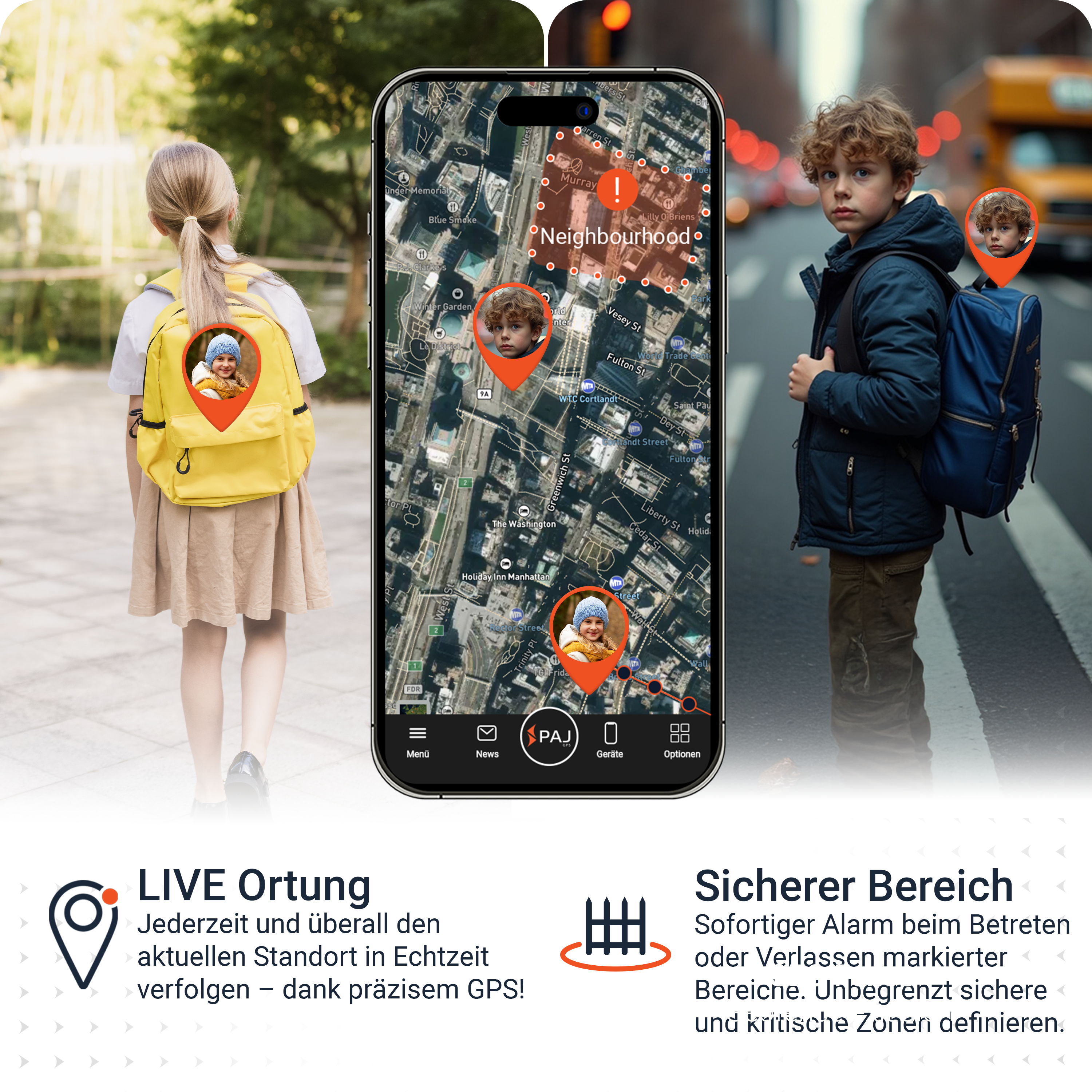 Das Bild zeigt ein Kind mit Rucksack und einem Telefon, das eine Karte mit dem Standort des Kindes anzeigt. Text beschreibt Live-Tracking.