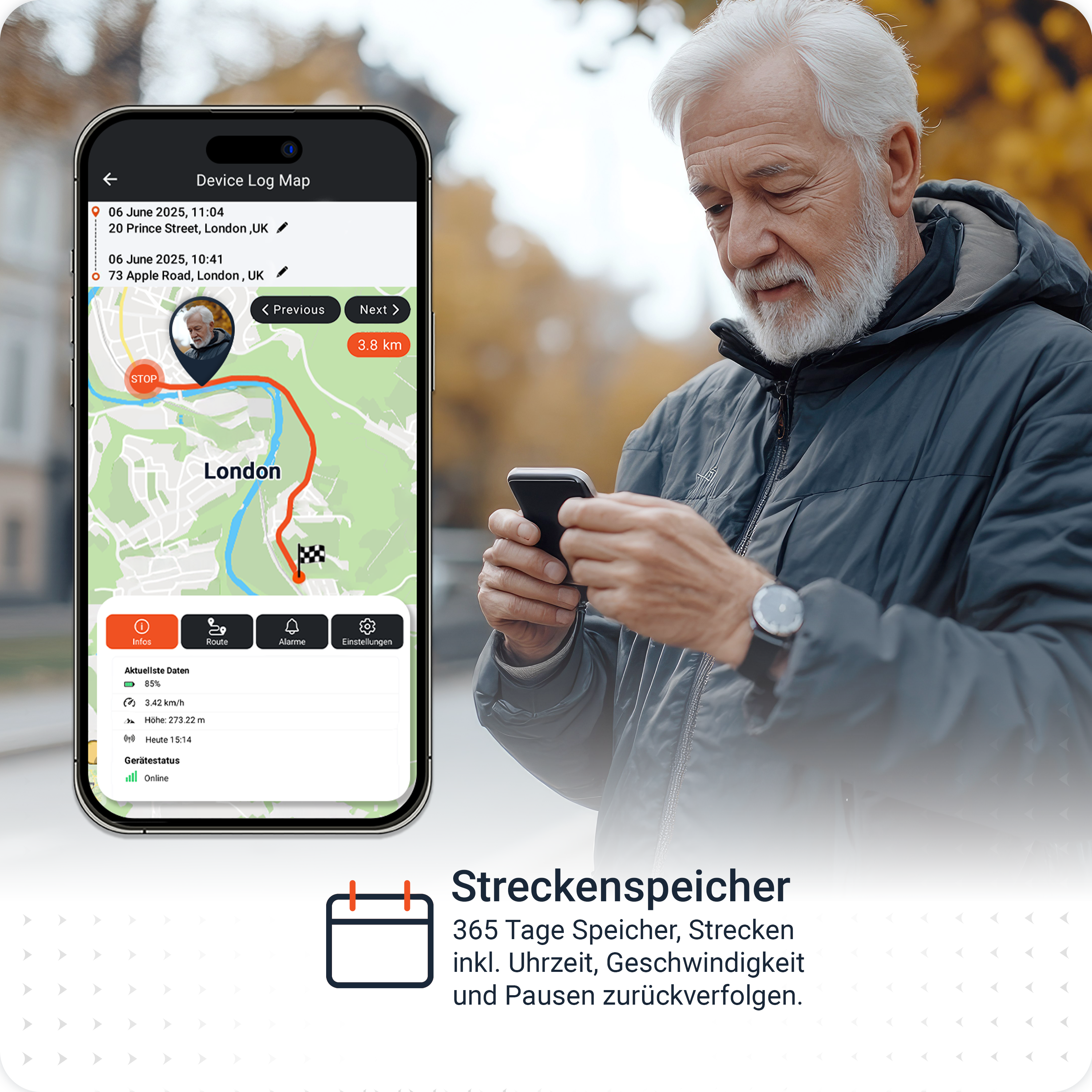 Ein älterer Mann benutzt ein Telefon mit einer Karte von London. Informationen über die Route und Geschwindigkeit werden angezeigt.