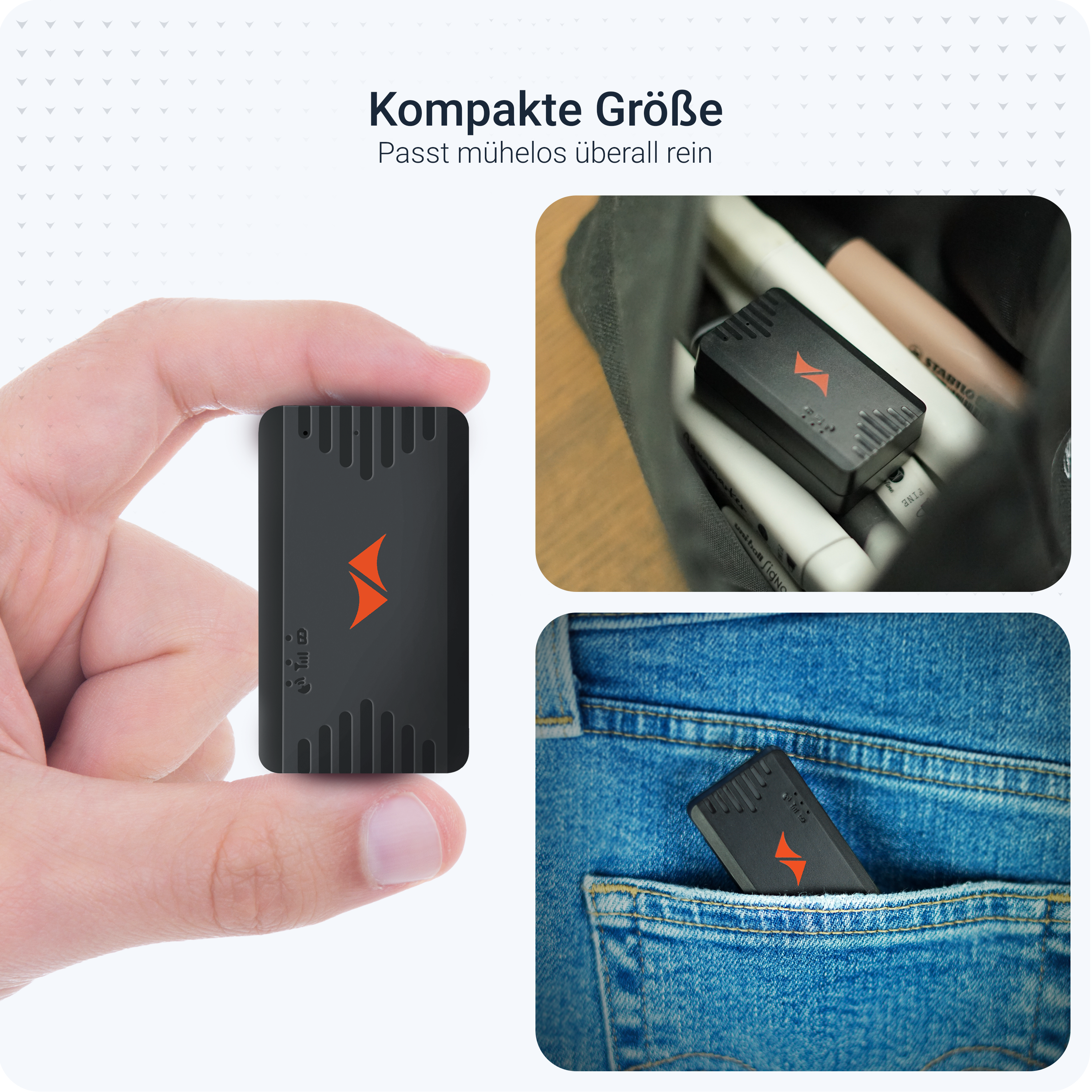 Ein schwarzes Gerät mit orangefarbenem Logo wird gehalten, in einer Tasche und in einer Jeanstasche gezeigt. Text: Kompakte Größe, passt überall.