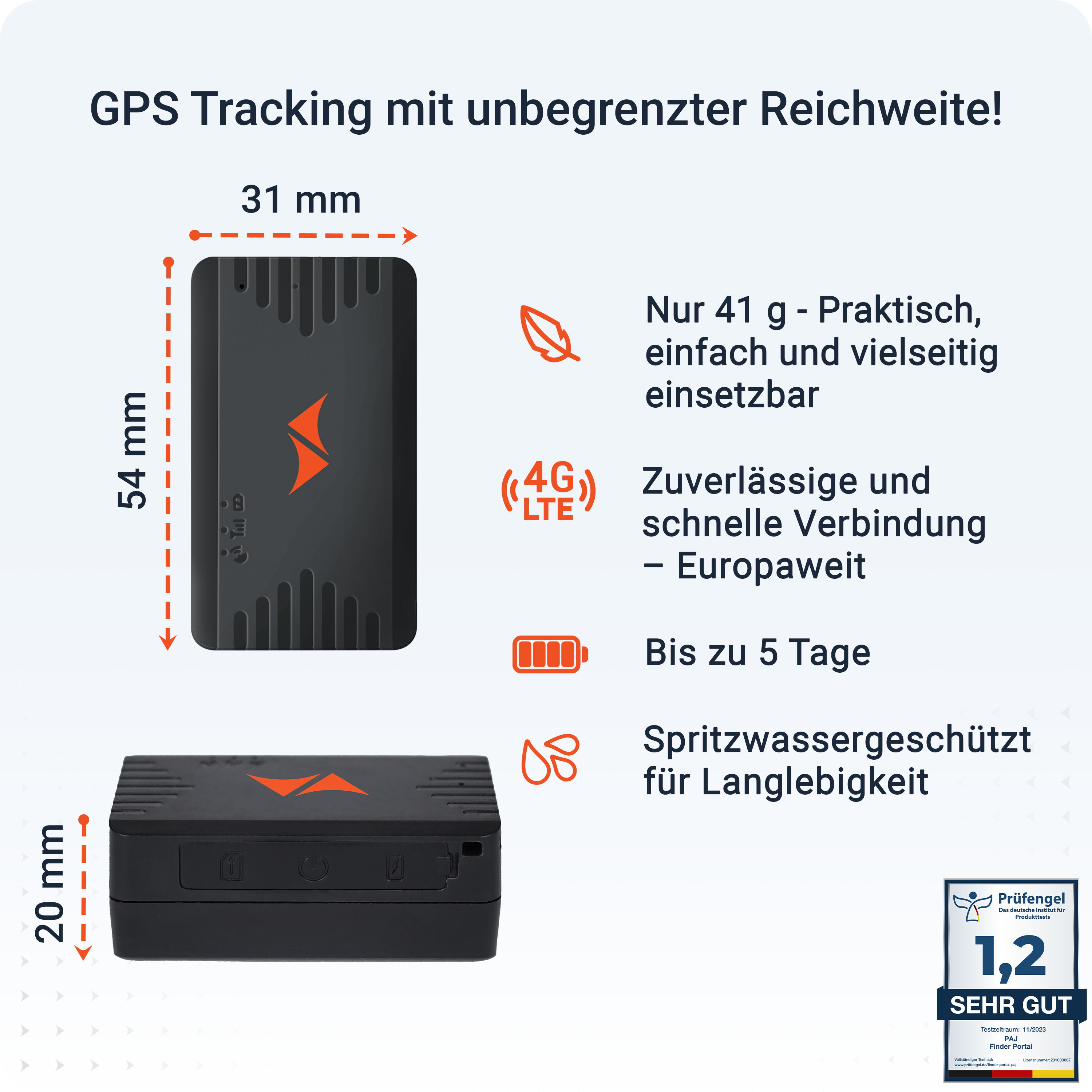 Das Bild zeigt einen schwarzen GPS-Tracker mit Text und Symbolen, die Funktionen wie Größe, Akkulaufzeit und Wasserfestigkeit hervorheben.