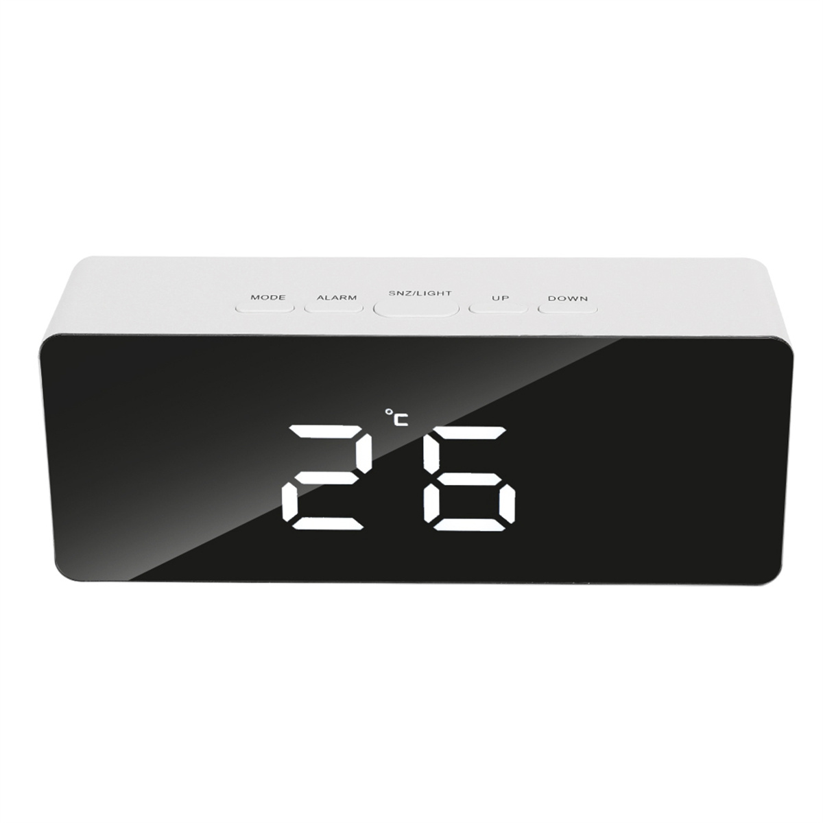 Eine weiße Digitaluhr zeigt '26' in weißen Ziffern an. Tasten für Modus, Alarm, Licht, hoch und runter sind sichtbar.