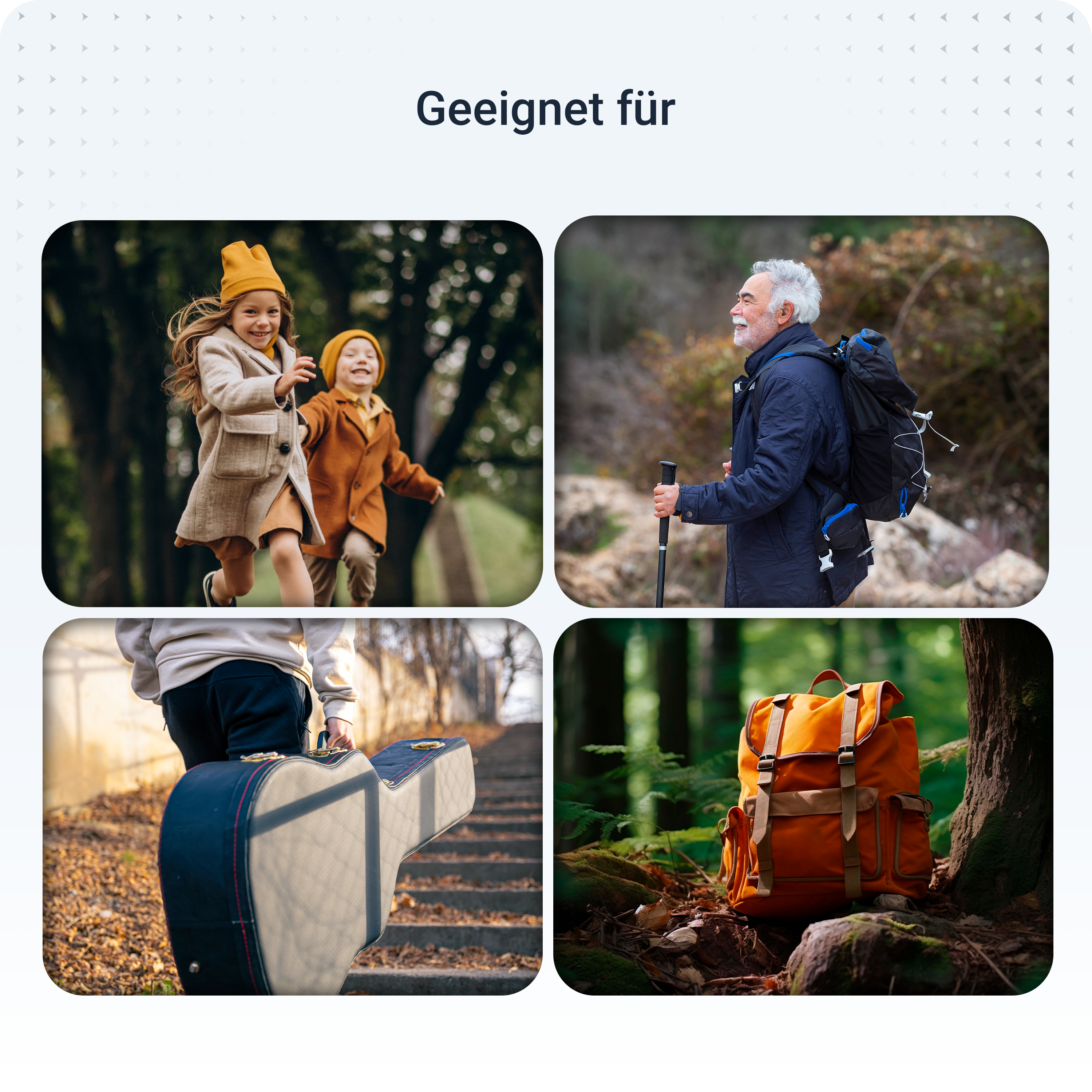 Kinder rennen durch einen Park. Ein älterer Mann wandert mit Rucksack. Eine Person trägt einen Gitarrenkoffer. Ein orangefarbener Rucksack liegt am Baum.