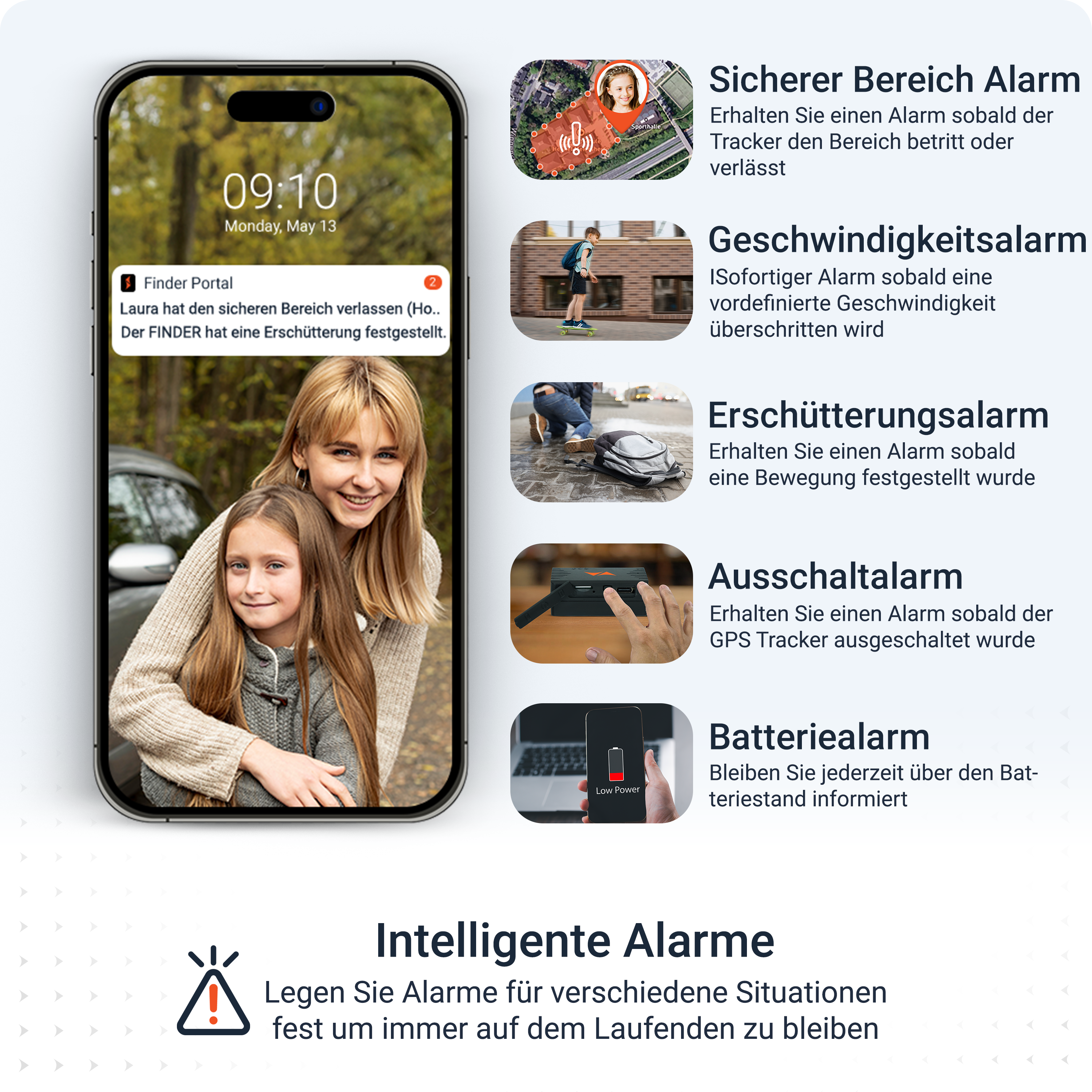 Ein Telefon zeigt eine Benachrichtigung über ein Kind, das einen sicheren Bereich verlässt, mit Alarmoptionen.
