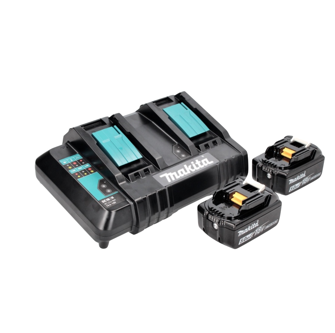 Ein Makita-Ladegerät mit zwei Akkus. Das Ladegerät ist schwarz mit türkisfarbenen Akzenten. Die Batterien sind schwarz mit orangefarbenen Oberteilen.