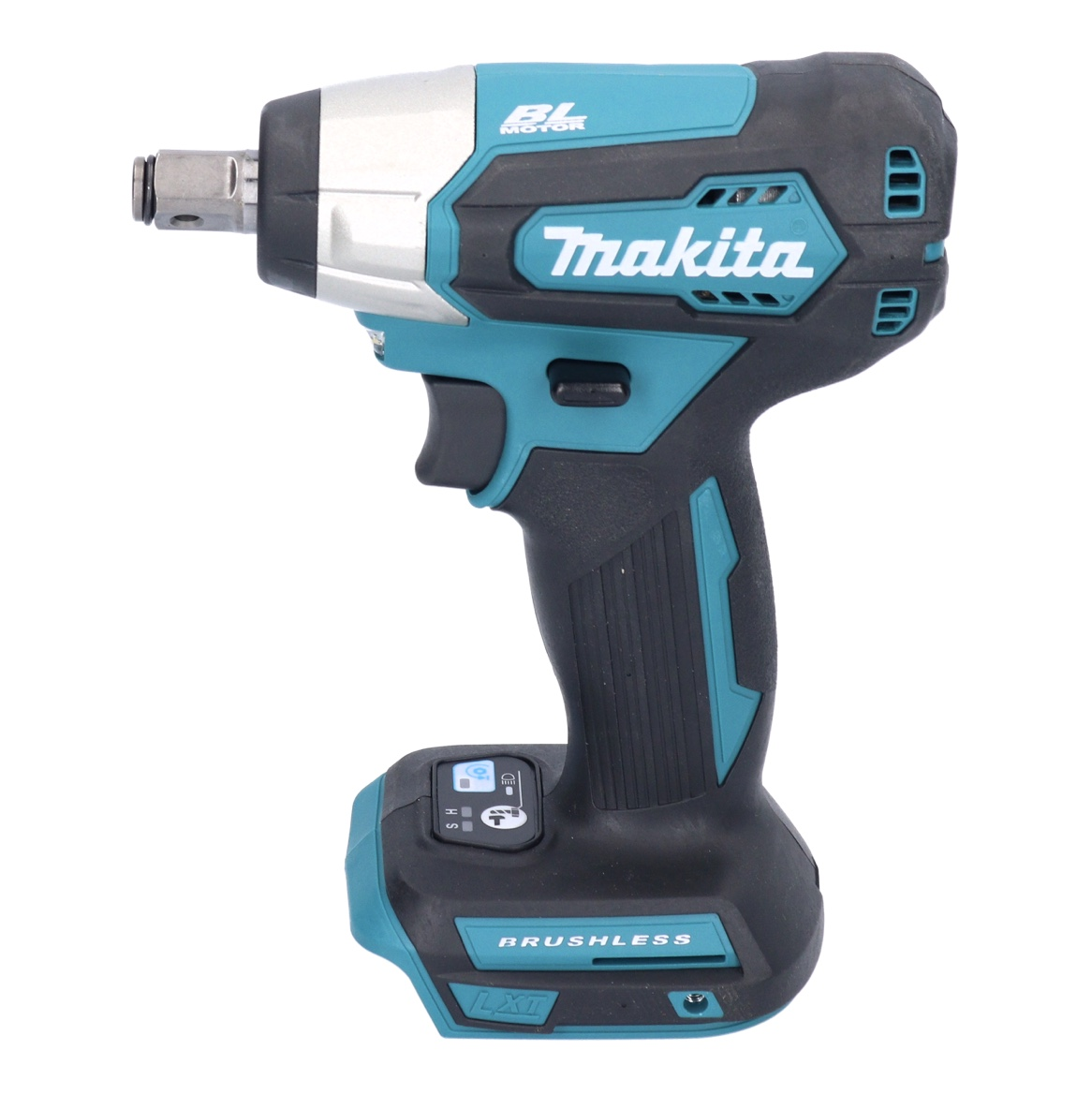 Ein teal-farbener und schwarzer Makita-Schlagschrauber. Er hat einen silbernen Kopf, einen schwarzen Griff und ist mit "BRUSHLESS" beschriftet.