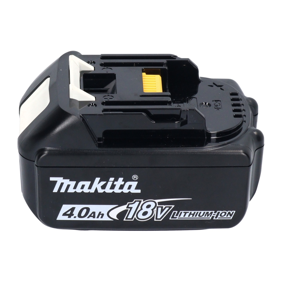 Ein schwarzer Makita 18V Lithium-Ionen-Akku. Er hat weiße und gelbe Akzente. Das Makita-Logo und die Spezifikationen sind auf der Vorderseite sichtbar.
