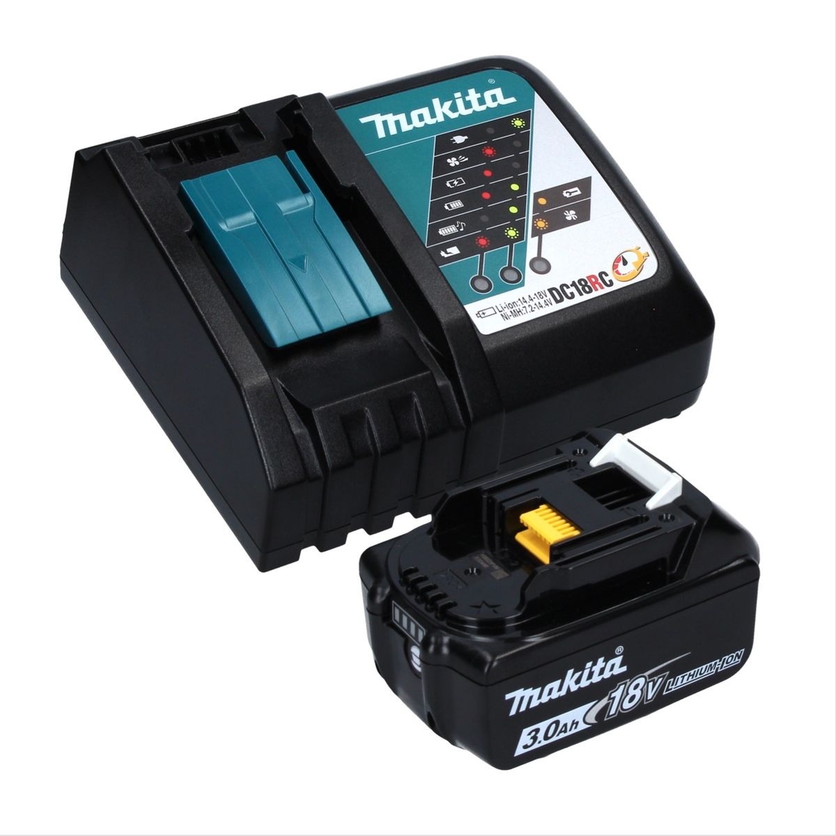 Ein schwarzes Makita-Batterieladegerät mit einem türkisfarbenen Abschnitt und einem separaten schwarzen Akku. Beide zeigen Logos und Spezifikationen.