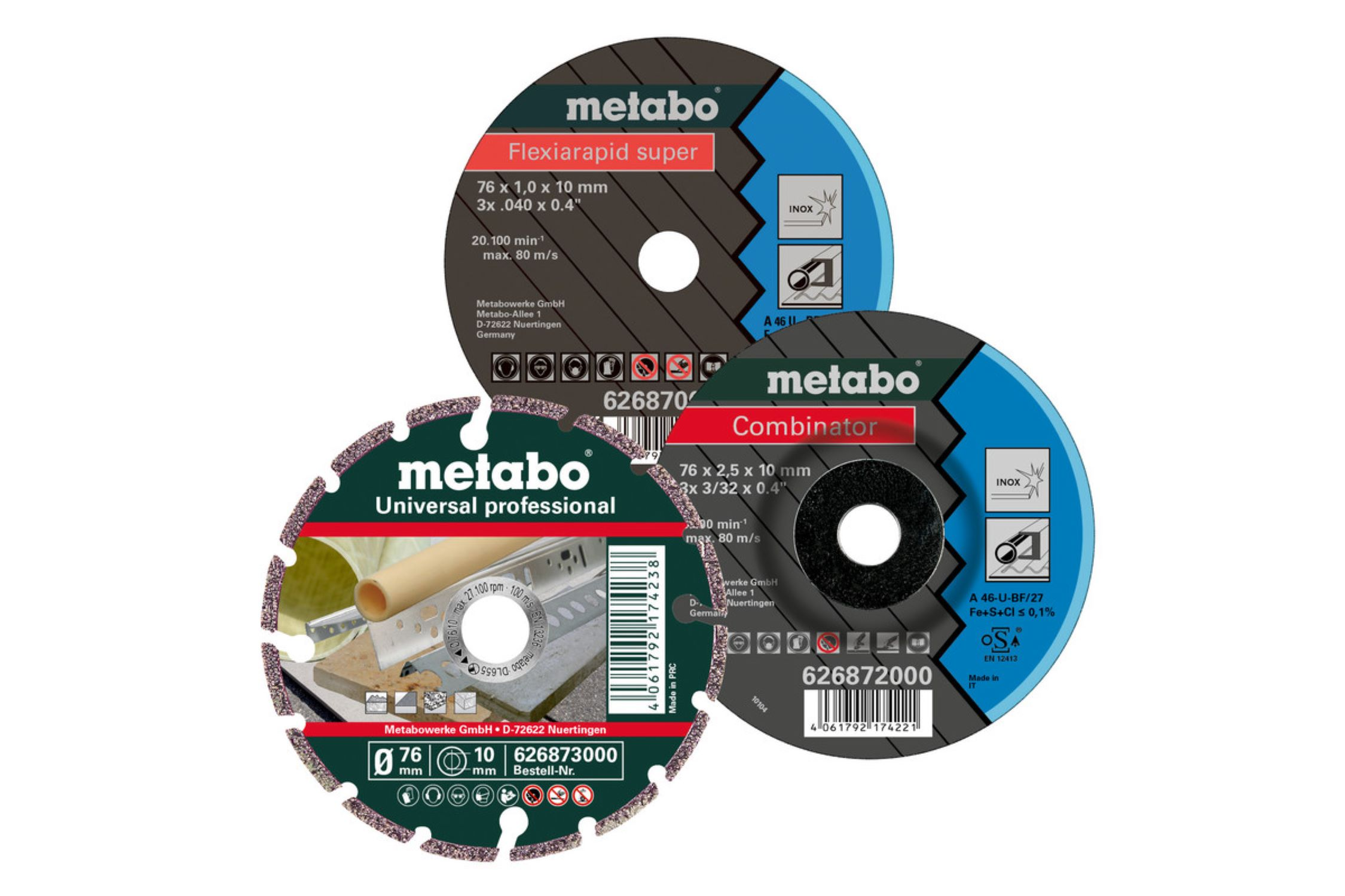 Tre dischi da taglio Metabo circolari. Ogni disco presenta informazioni sul prodotto, dimensioni e il logo 'Metabo'.