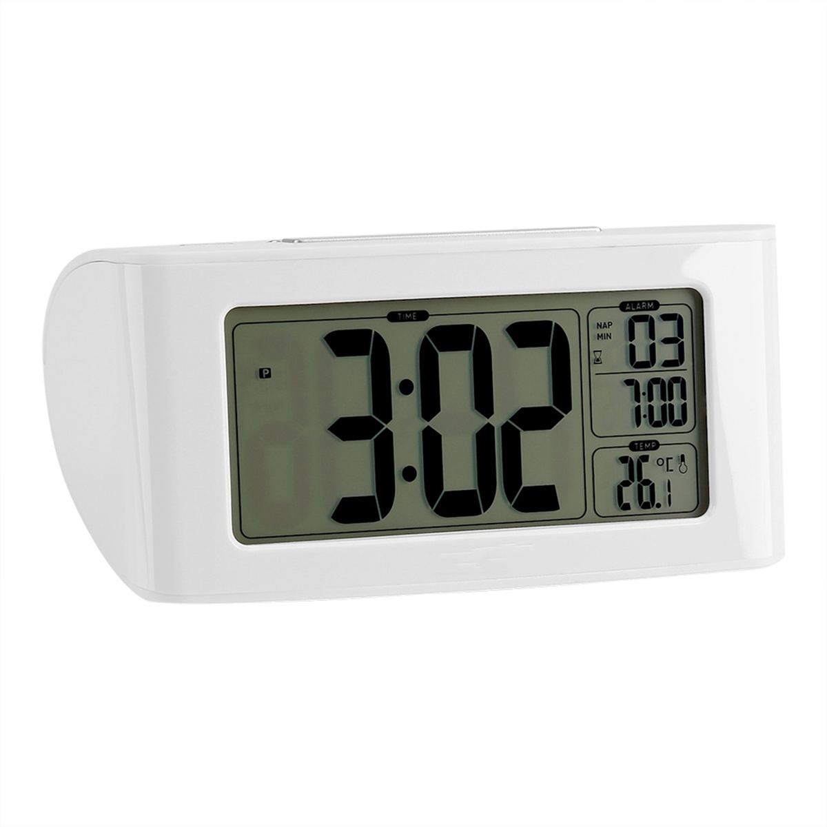 Ein weißer digitaler Wecker zeigt 3:02 an, der Wecker ist auf 7:00 Uhr eingestellt und die Temperatur beträgt 26,1 Grad Celsius.