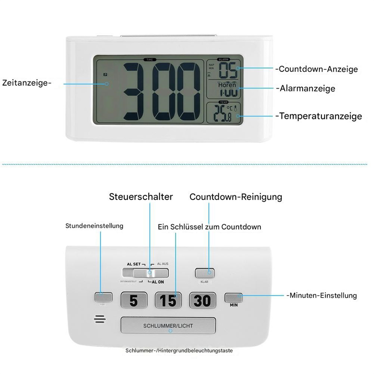 Ein weißer digitaler Wecker, der Zeit, Alarm und Temperatur anzeigt. Er hat Tasten zum Einstellen von Zeit, Alarm und Schlummer/Licht.