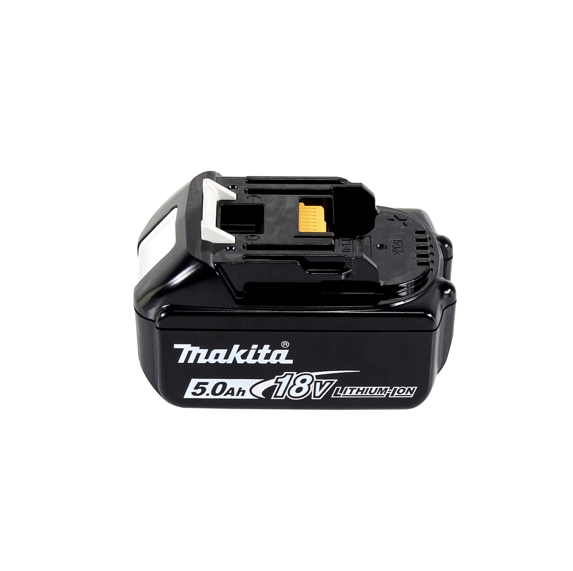 Schwarzer Makita 18V 5,0Ah Lithium-Ionen-Akku. Weiße und gelbe Akzente. Isoliert auf weißem Hintergrund.