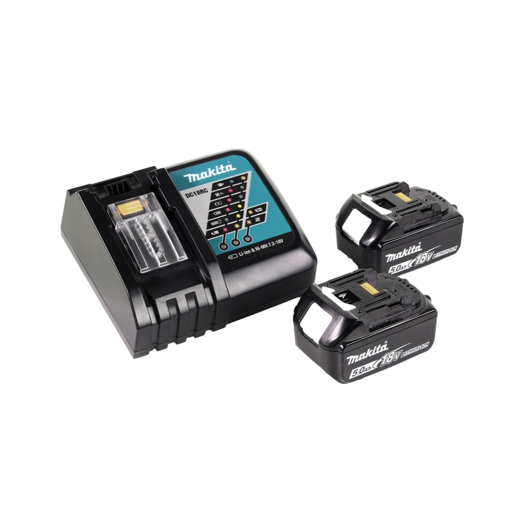 Schwarzes Makita-Batterieladegerät mit zwei Batterien. Das Ladegerät hat eine Digitalanzeige. Die Batterien sind schwarz mit weißen und gelben Akzenten.