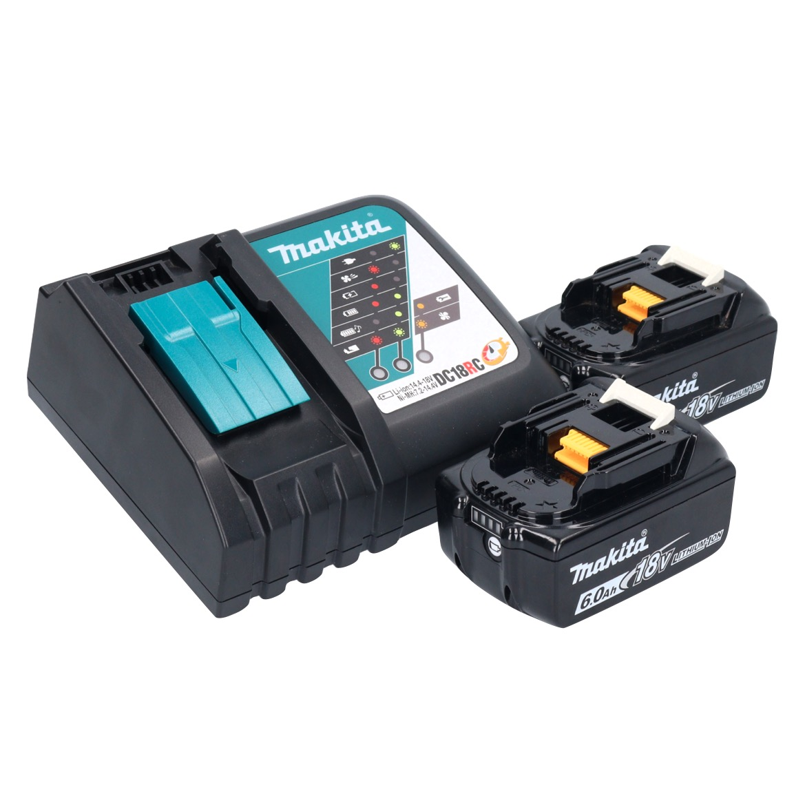 Schwarzes Makita-Ladegerät mit zwei Batterien. Das Ladegerät hat einen grünen Akzent. Batterien sind schwarz mit gelben und weißen Akzenten.