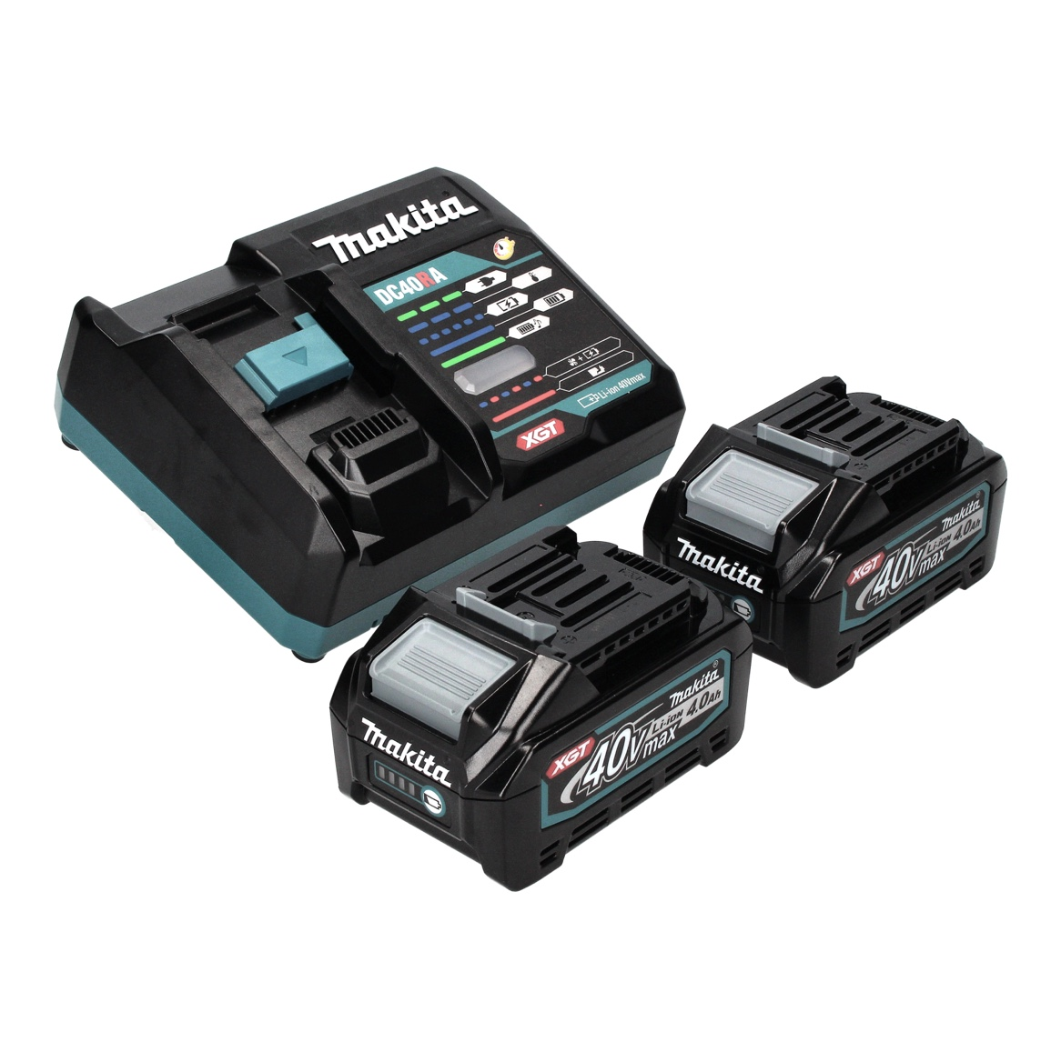 Makita-Ladegerät mit zwei Akkus. Das Ladegerät ist schwarz und türkis, mit einem Display. Akkus sind schwarz mit türkisfarbenen Akzenten.
