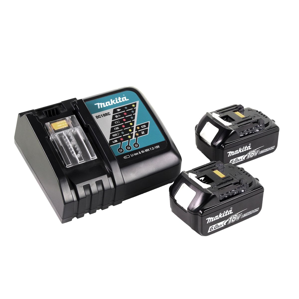 Ein Makita DC18RC Ladegerät mit zwei 18V 6.0Ah Akkus. Das Ladegerät ist schwarz mit einer teal farbenen Platte, die Akkus sind schwarz.