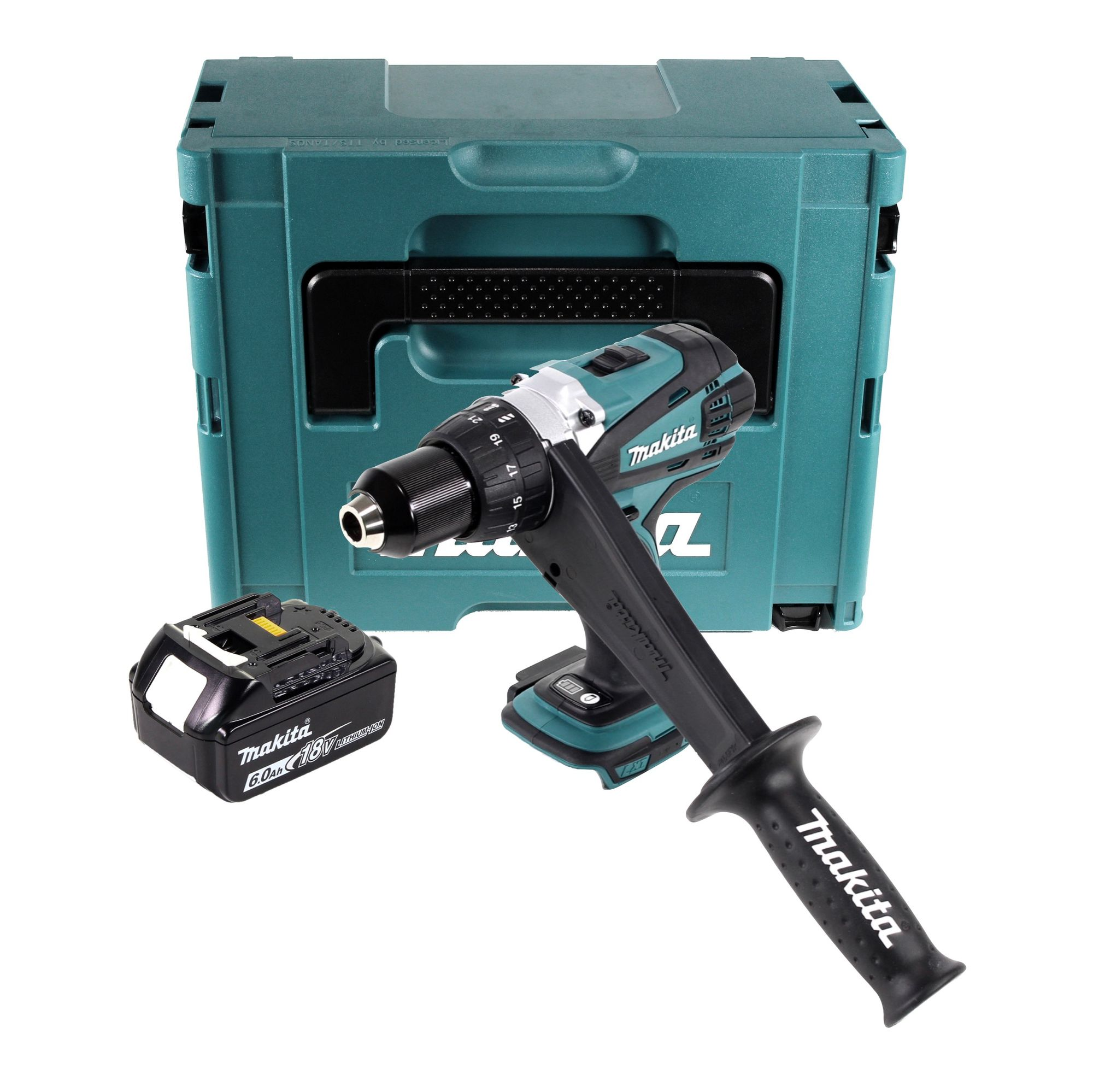 Eine türkisfarbene Makita-Bohrmaschine mit Akku und Koffer. Die Bohrmaschine ist schwarz und türkis. Ein schwarzer Akku und ein türkisfarbener Koffer sind vorhanden.