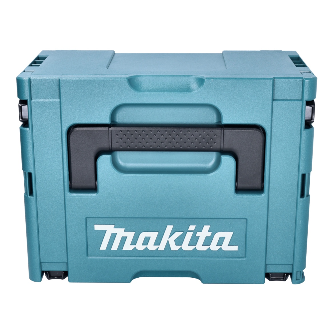 Eine türkisblaue Makita-Werkzeugkiste mit schwarzem Griff. Das Makita-Logo ist sichtbar. Die Box ist geschlossen und auf weißem Hintergrund.