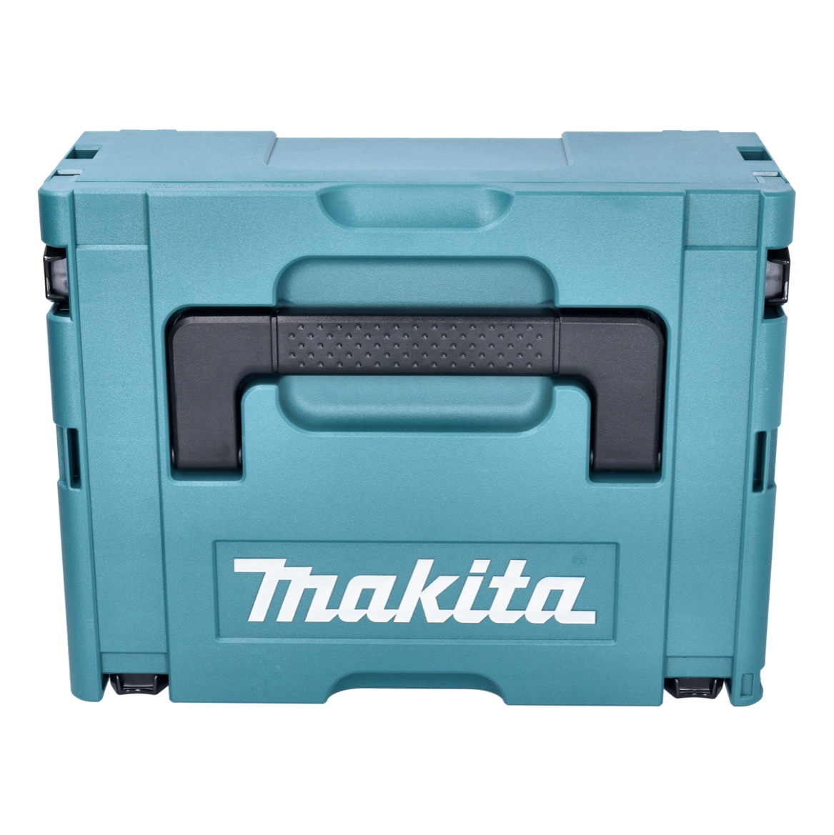 Türkisgrüner Makita-Werkzeugkasten mit schwarzem Griff. Das Makita-Logo ist weiß. Die Werkzeugkiste ist geschlossen und hat Räder.