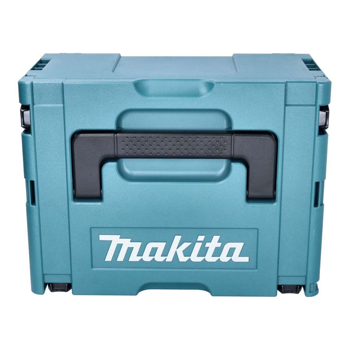 Eine türkisfarbene Makita-Werkzeugkiste mit schwarzem Griff und Makita-Logo. Der Hintergrund ist weiß.