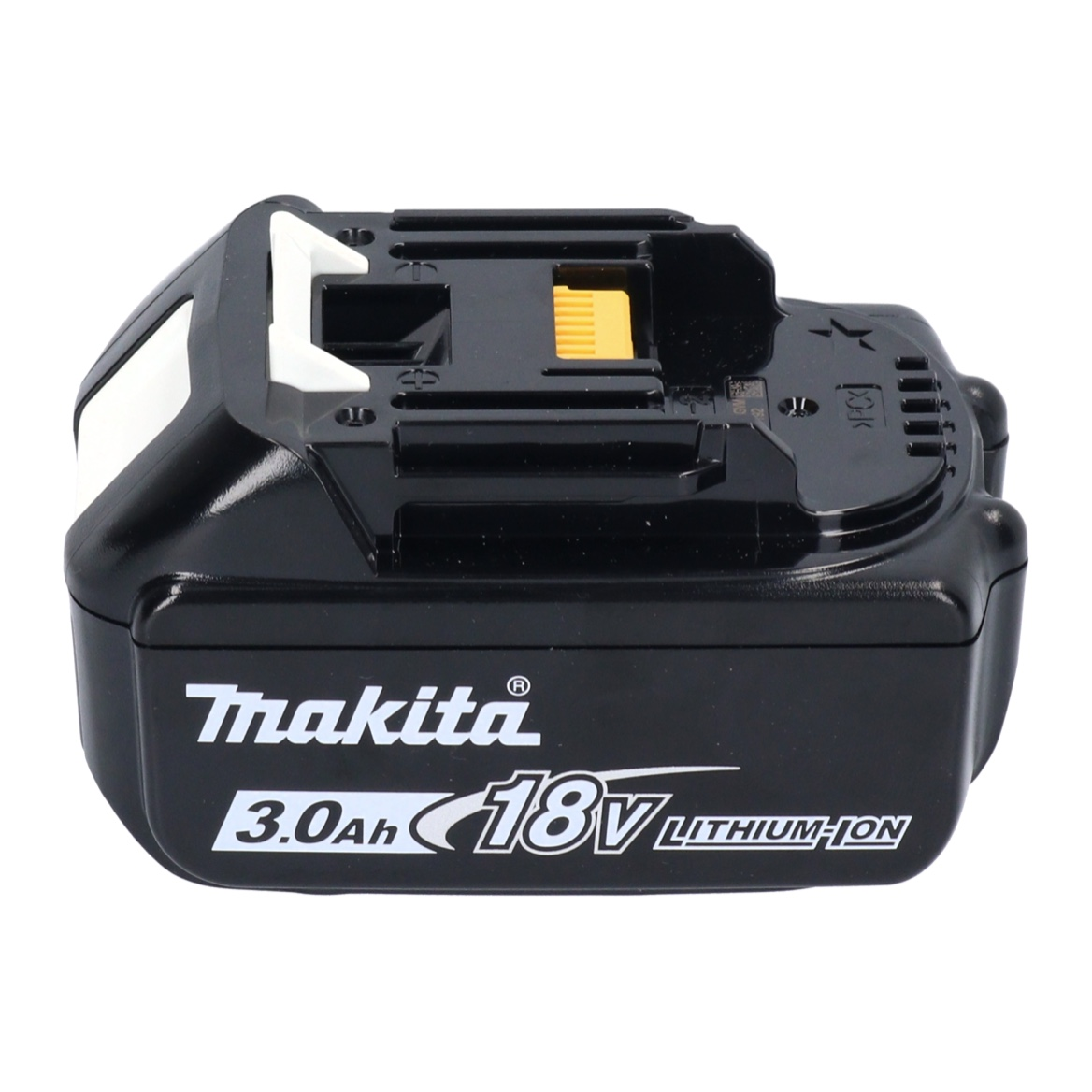 Schwarzer Makita 18V Lithium-Ionen-Akku. Verfügt über einen gelben Entriegelungsknopf und weiße Akzente. Details beinhalten 3,0 Ah und das Makita-Logo.