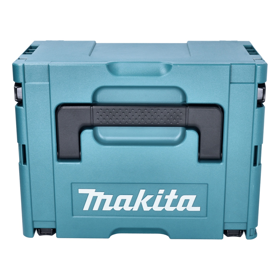 Eine türkisfarbene Makita-Werkzeugkiste mit schwarzem Griff. Das Makita-Logo ist gut sichtbar auf der Vorderseite.