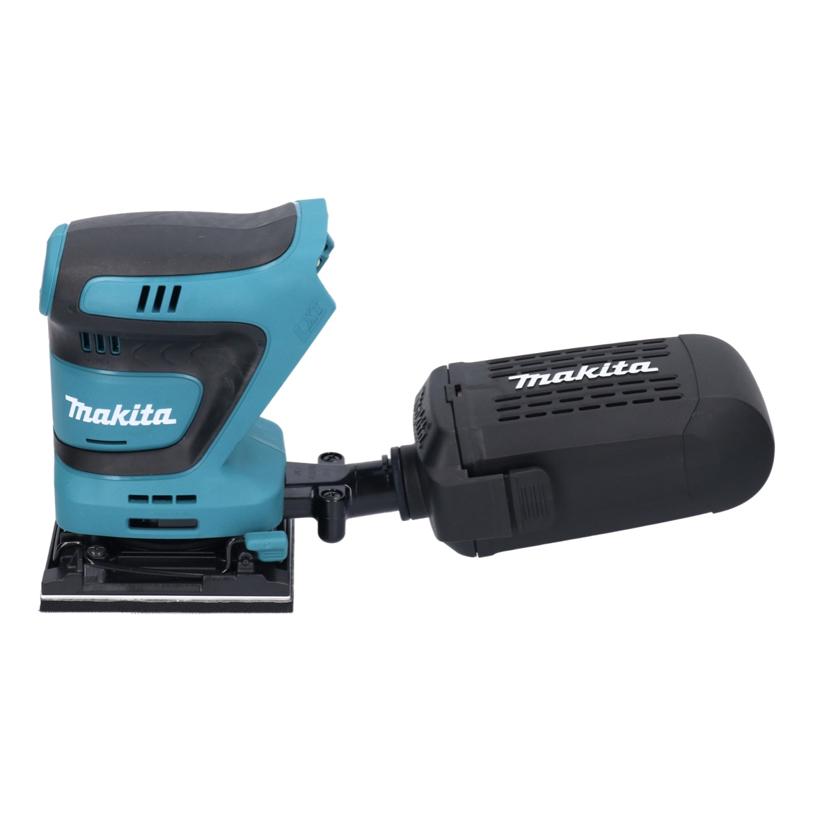 Elektrischer Makita-Schwingschleifer. Er ist teal und schwarz. Er hat ein rechteckiges Schleifpad und einen schwarzen Staubabscheider.
