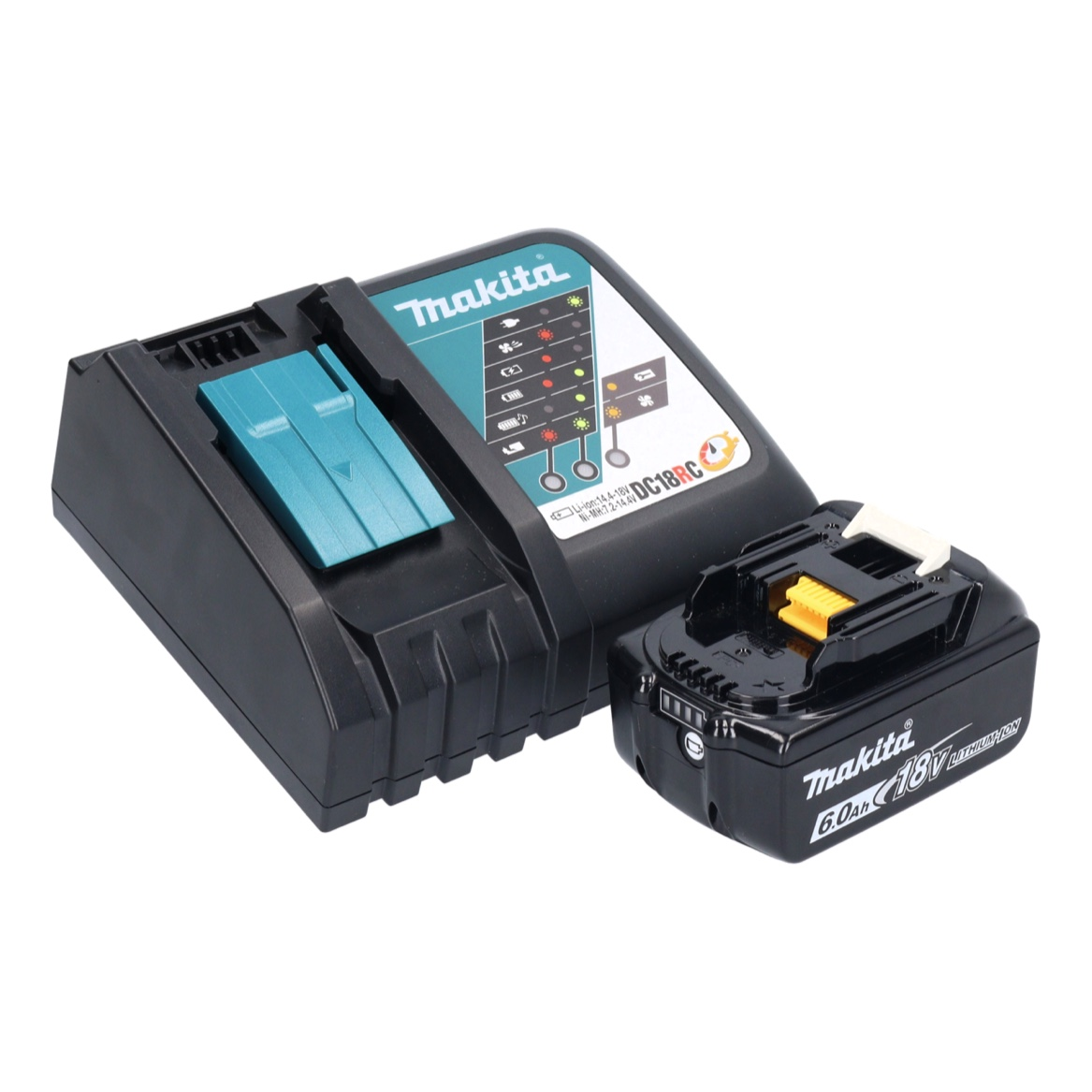 Ein schwarzes Makita Ladegerät und Akkusatz. Das Ladegerät hat eine türkisfarbene Oberseite, und der Akku ist mit 6,0 Ah 18 V gekennzeichnet.