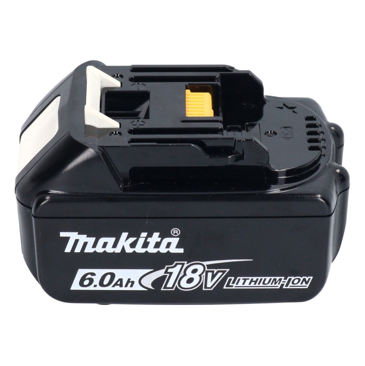 Schwarzer Makita 18V Akku. Weiße und gelbe Akzente, mit Text 'Makita', '6.0Ah' und 'LITHIUM-ION'. Oberseite mit schwarzem Kunststoffdesign.