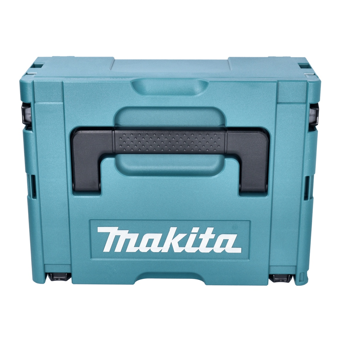 Eine türkisfarbene Makita-Werkzeugkiste mit schwarzem Griff. Das Makita-Logo befindet sich auf der Vorderseite.