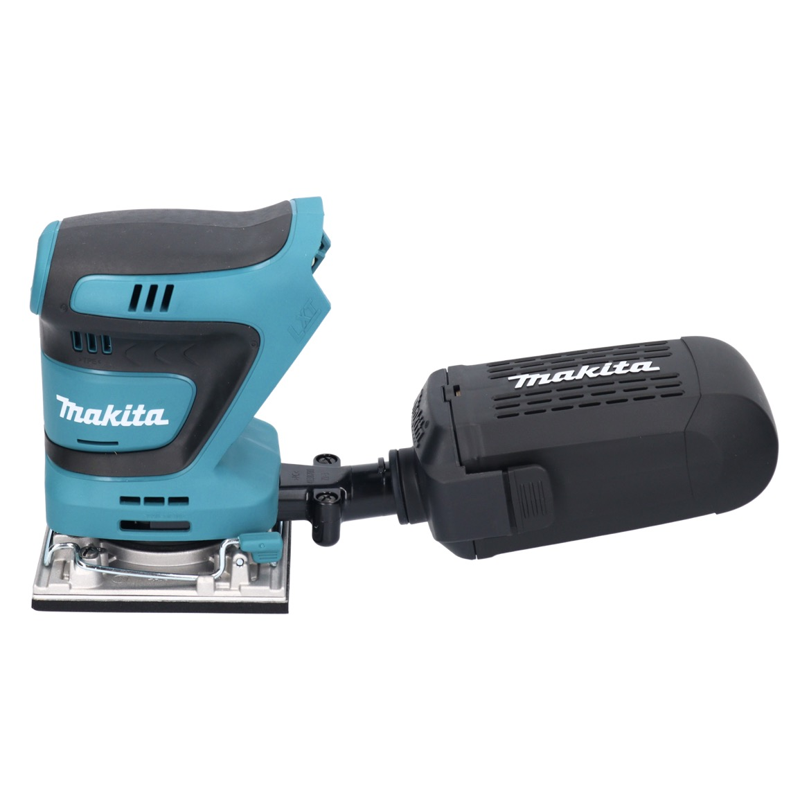 Makita-Schwingschleifer mit türkis-schwarzem Gehäuse und schwarzem Staubabscheider auf weißem Hintergrund. Das Makita-Logo ist sichtbar.
