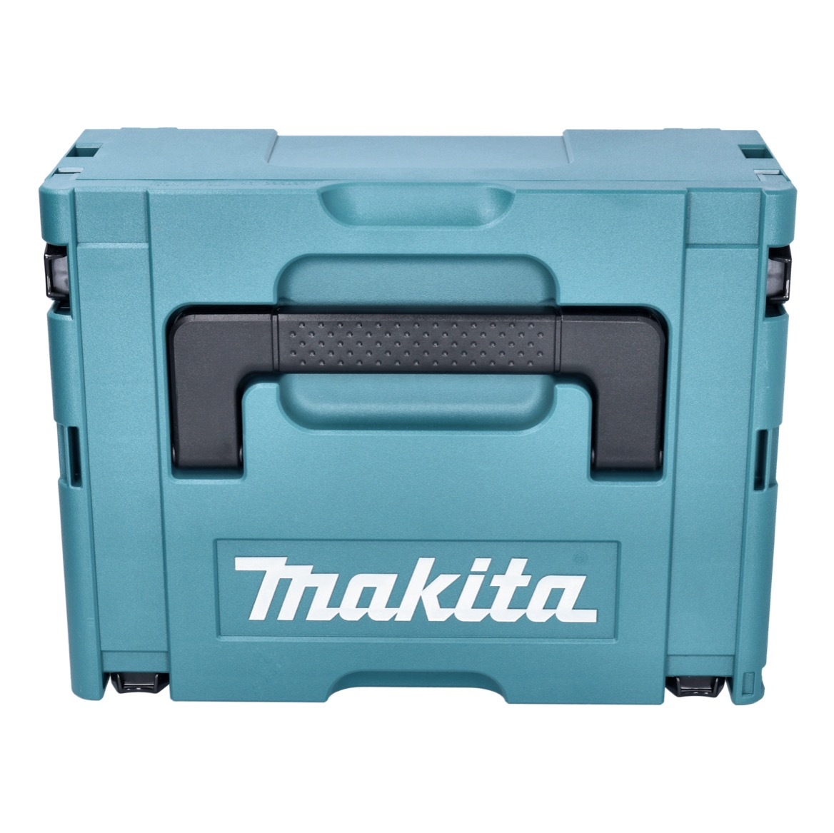 Eine türkisblaue Makita-Werkzeugbox mit schwarzem Griff und Logo auf der Vorderseite. Es ist ein Aufbewahrungsbehälter.