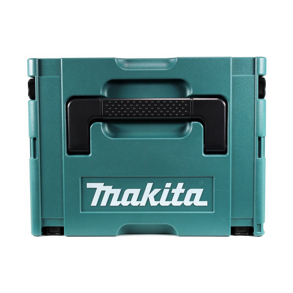 Eine türkisfarbene Makita-Werkzeugkiste mit schwarzem Griff. Das Makita-Logo ist unten sichtbar. Die Box ist rechteckig.