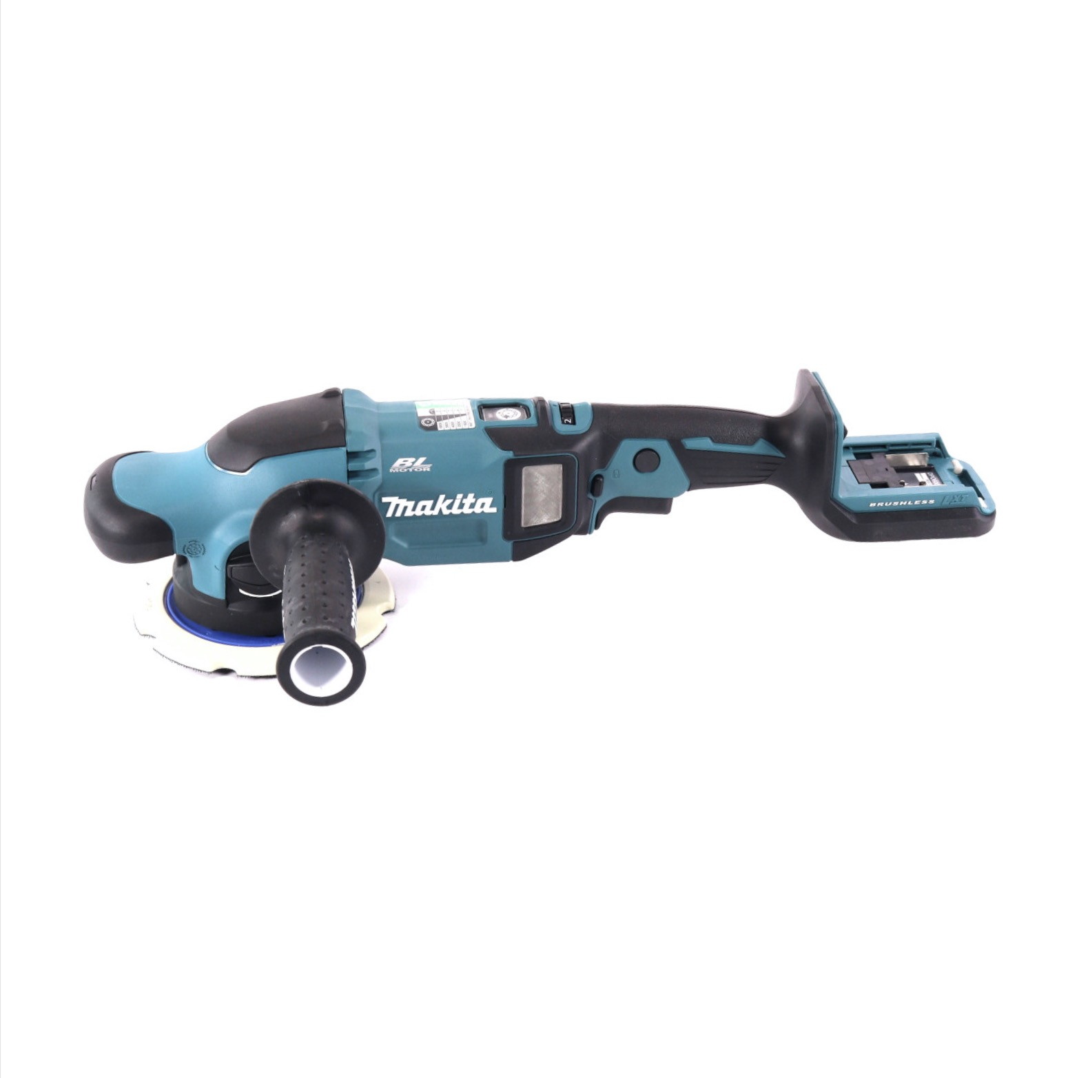 Ein teal-schwarzes Makita-Elektrowerkzeug, ein Schleifer, auf weißem Hintergrund. Es hat einen Griff und eine Scheibe.