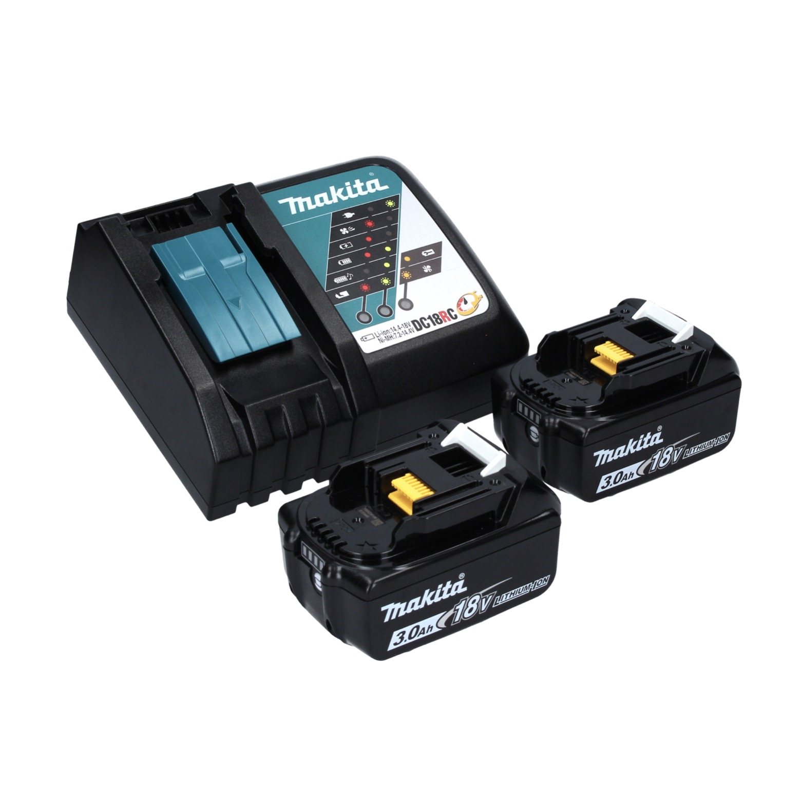 Makita-Batterieladegerät und zwei Batterien. Das Ladegerät ist schwarz und blaugrün. Die Batterien sind schwarz mit gelben Akzenten.