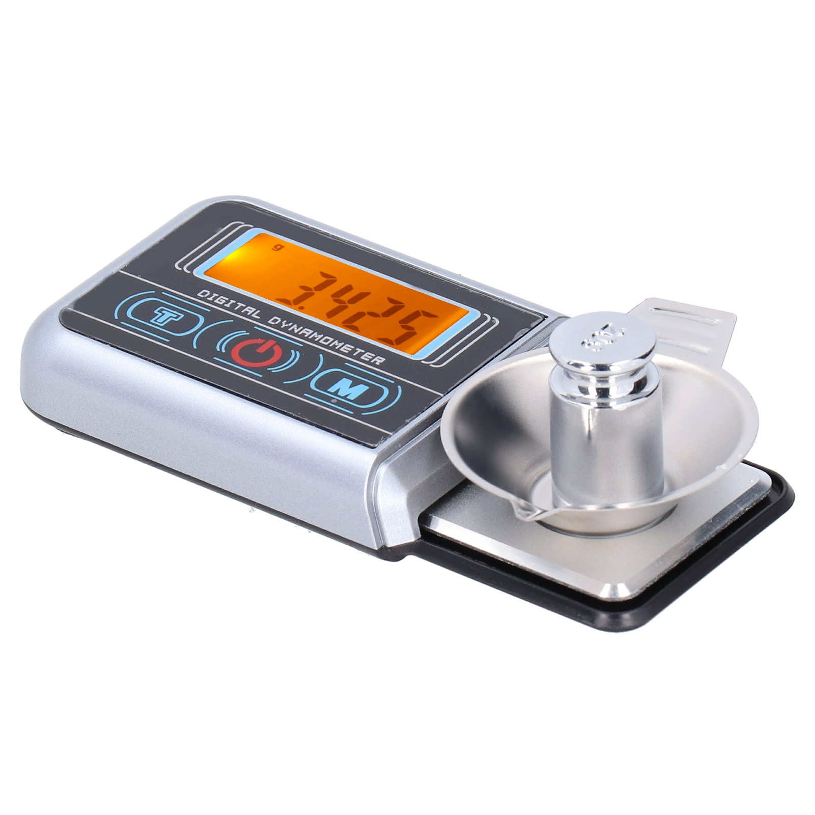 Ein digitales Dynamometer mit einer Anzeige von 3425, mit einem Gewicht auf einer Metallplatte.