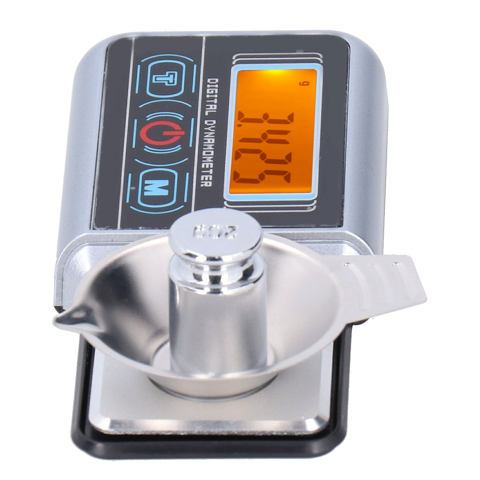 Ein digitales Dynamometer mit einem Gewicht auf einer Ablage. Das Display zeigt einen Wert an.