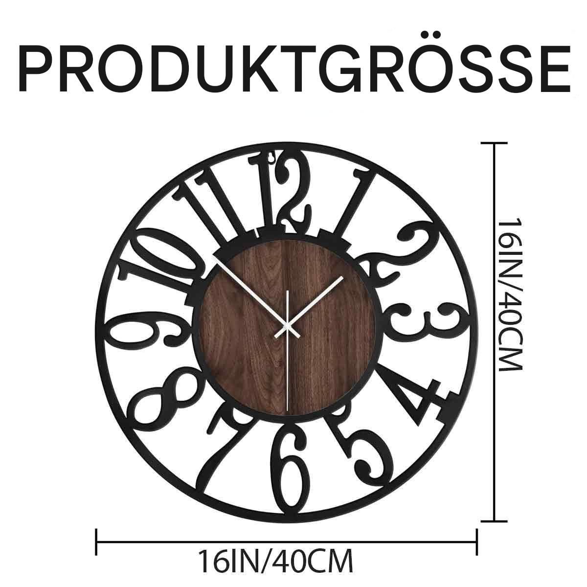Eine schwarz-braune Wanduhr. Sie hat große schwarze Zahlen und eine braune Holzmitte. Sie hat einen Durchmesser von 16 Zoll.