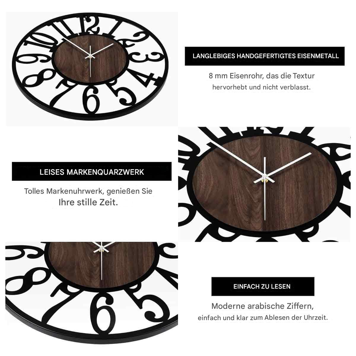 Eine schwarz-braune Wanduhr mit weißen Zeigern und arabischen Ziffern. Die Uhr hat eine hölzerne Mitte und einen schwarzen Metallrahmen.