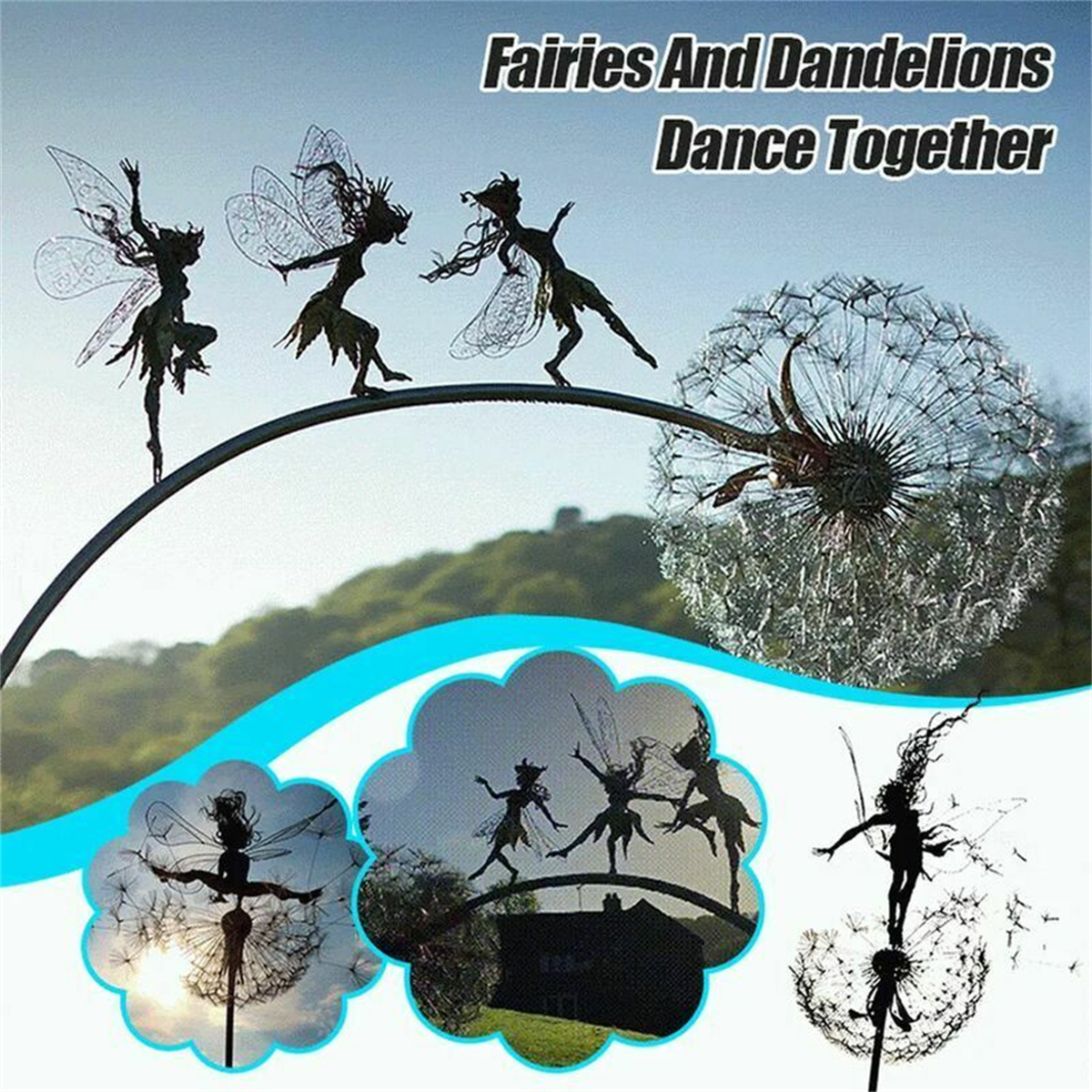 Silhouetten von Feen, die auf einem Bogen über einem Löwenzahn tanzen, mit dem Text 'Fairies And Dandelions Dance Together'. Hintergrund ist ein Hügel.