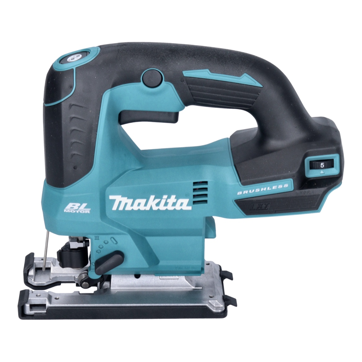 Eine teal-farbene und schwarze Makita Stichsäge wird auf weißem Hintergrund gezeigt. Die Stichsäge hat das Makita-Logo und einen schwarzen Griff.