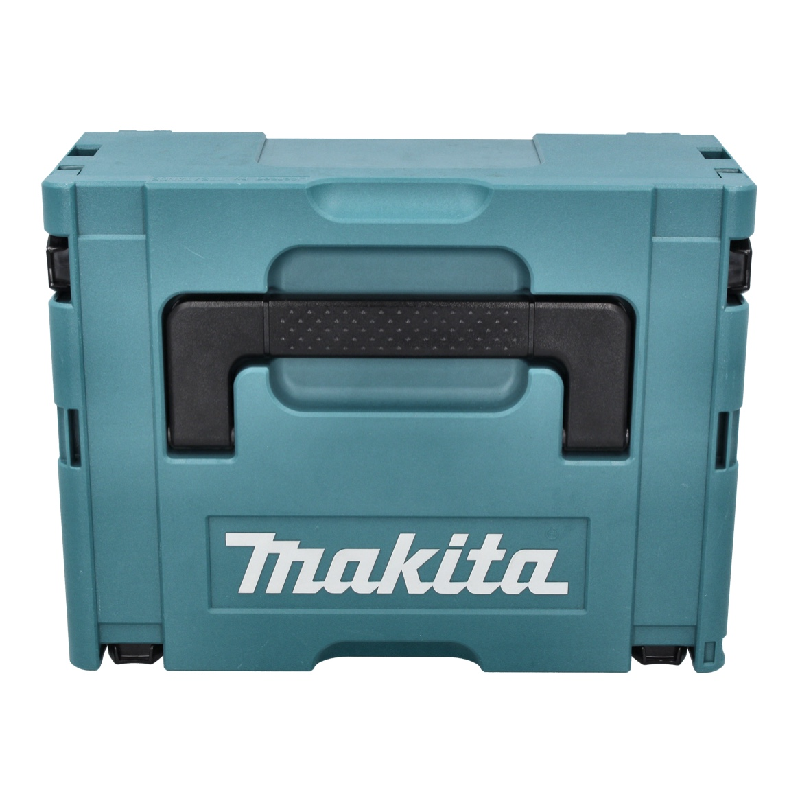 Eine türkisfarbene Makita-Werkzeugkiste mit schwarzem Griff und weißem Makita-Logo. Die Kiste ist rechteckig und steht auf weißem Hintergrund.