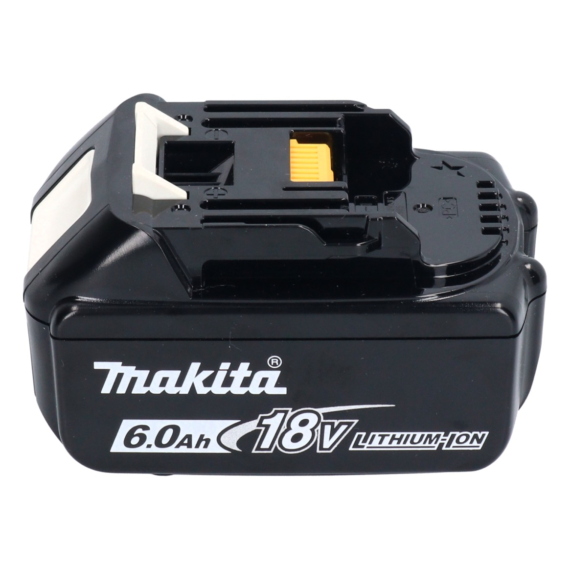 Ein schwarzer Makita 18V Lithium-Ionen-Akku. Er hat weiße und gelbe Akzente. Der Text 'Makita' und '6.0Ah' sind sichtbar.