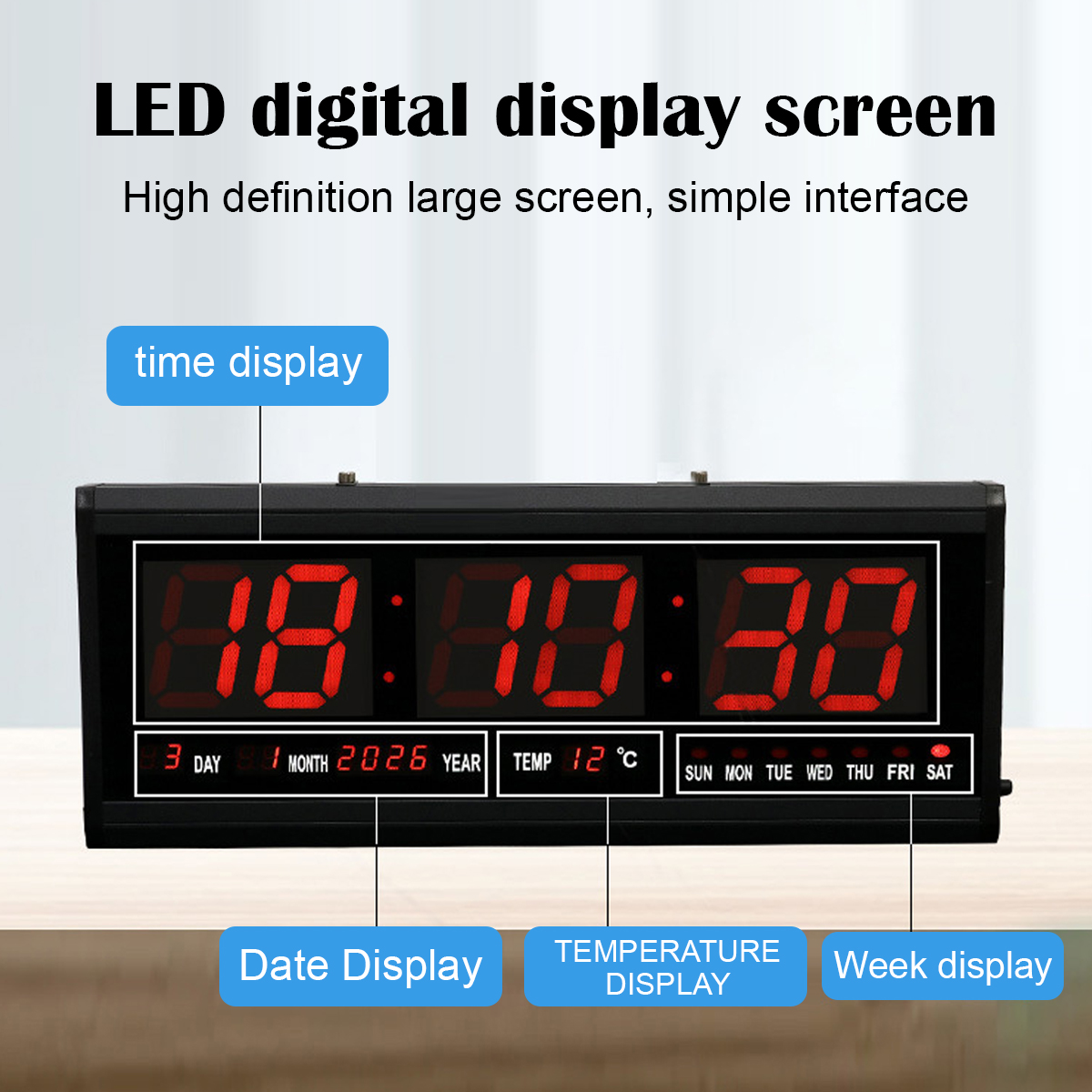 Eine schwarze digitale LED-Uhr zeigt Zeit, Datum, Temperatur und Wochentag an. Die Zeit ist 18:10:30.  Labels zeigen die Display-Funktionen.