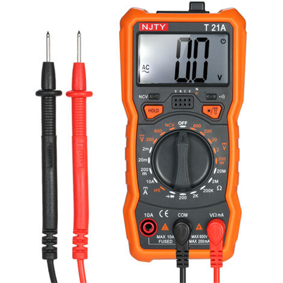 Ein orangefarbenes Multimeter mit schwarzen und roten Sonden wird angezeigt. Das Messgerät zeigt 0,0 an. Der Drehregler ist auf Aus gestellt.