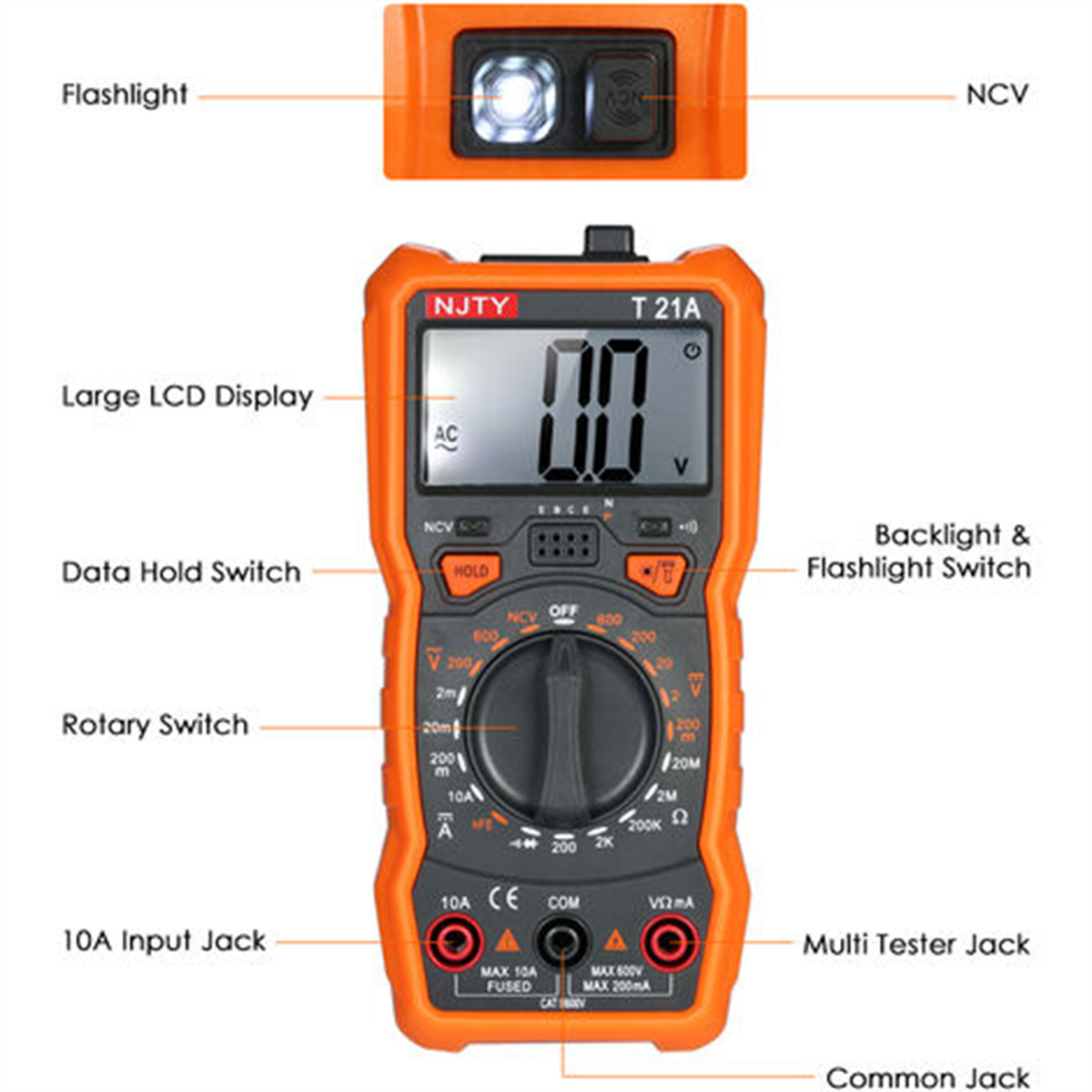 Ein orangefarbenes Multimeter mit Digitalanzeige und verschiedenen Knöpfen, oben eine Taschenlampe. Etiketten zeigen Funktionen wie Spannung und Widerstand an.