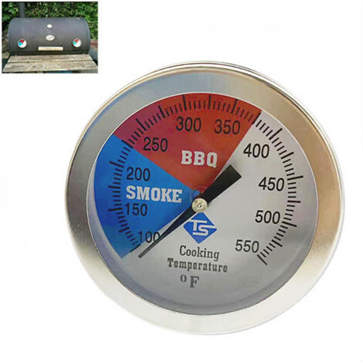 Nahaufnahme eines BBQ-Thermometers mit einer Temperaturanzeige. Die Anzeige ist in Rauch- und BBQ-Zonen unterteilt.