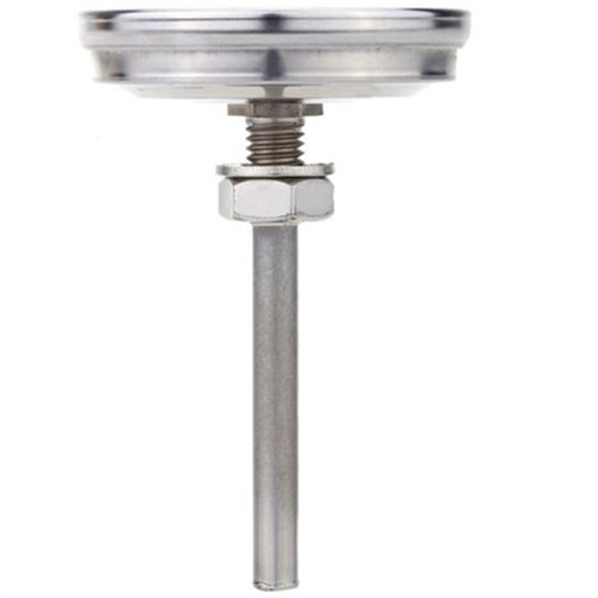 Ein Edelstahlthermometer. Es hat ein rundes Zifferblatt, eine Schraube, eine sechseckige Mutter und eine lange, dünne Sonde.