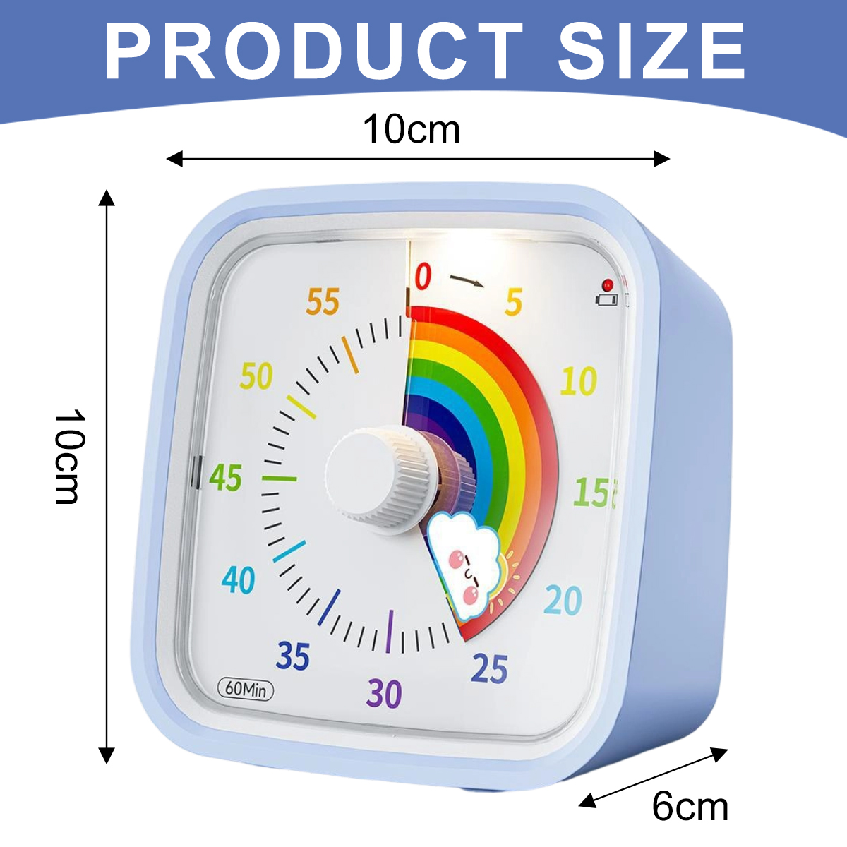 Ein blauer quadratischer Küchentimer mit Regenbogen, Zahlen und Maßen von 10 cm x 10 cm und 6 cm. Der Timer zeigt 0 Minuten an.